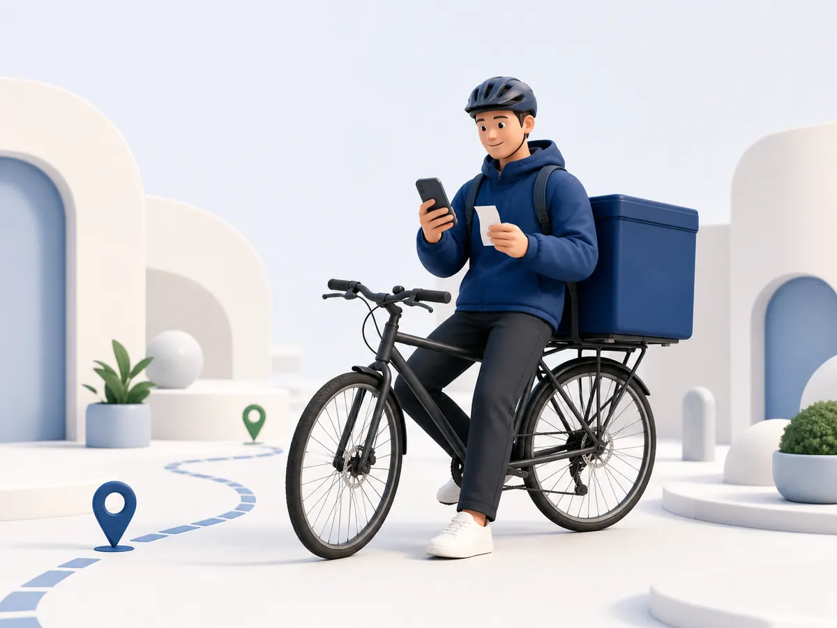 Kurjers ar velosipēdu un termosomu pārbauda telefonu